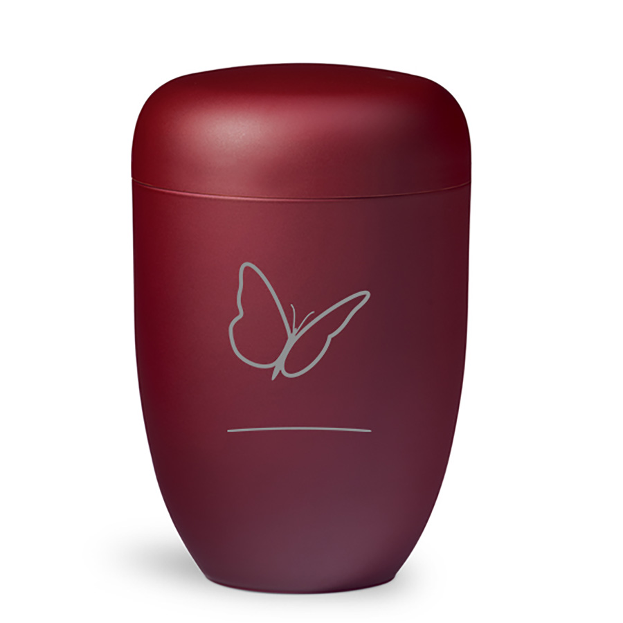 Rød urne med sommerfuglmotiv fra Jølstad begravelsesbyrå