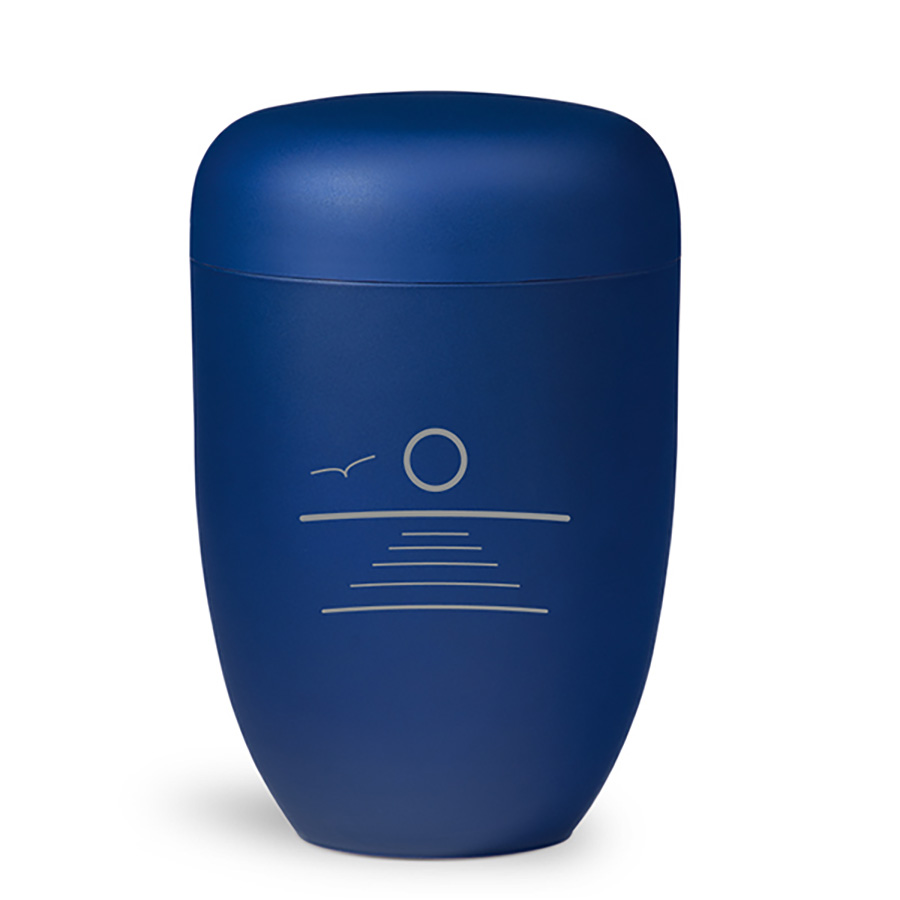 Blå urne med havmotiv fra Jølstad begravelsesbyrå