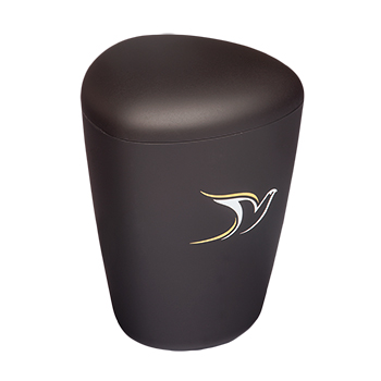 Sort urne med hvit fuglemotiv fra Jølstad begravelsesbyrå